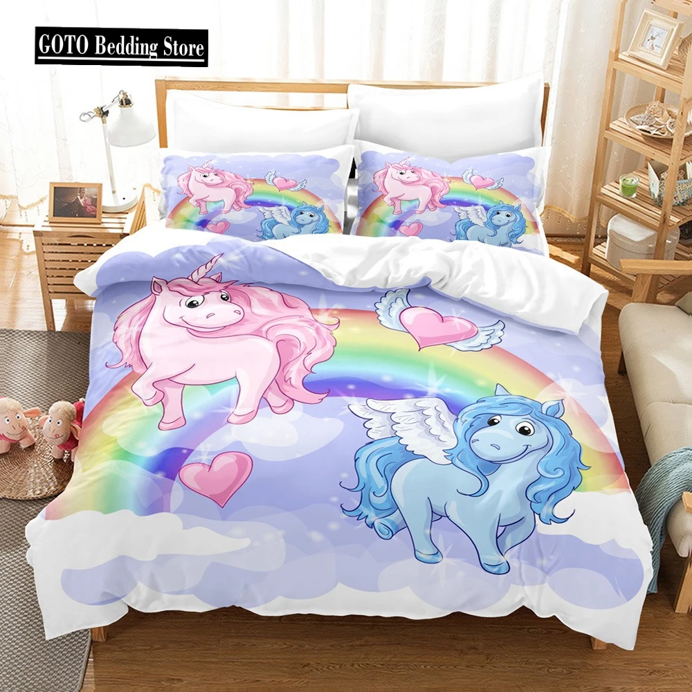 

Printed Rainbow Unicorn Duvet Cover for Girls, Pink Bed Comforter Set, Cute Cartoon, Child Bedroom Decor for Teen Kids, 140X210