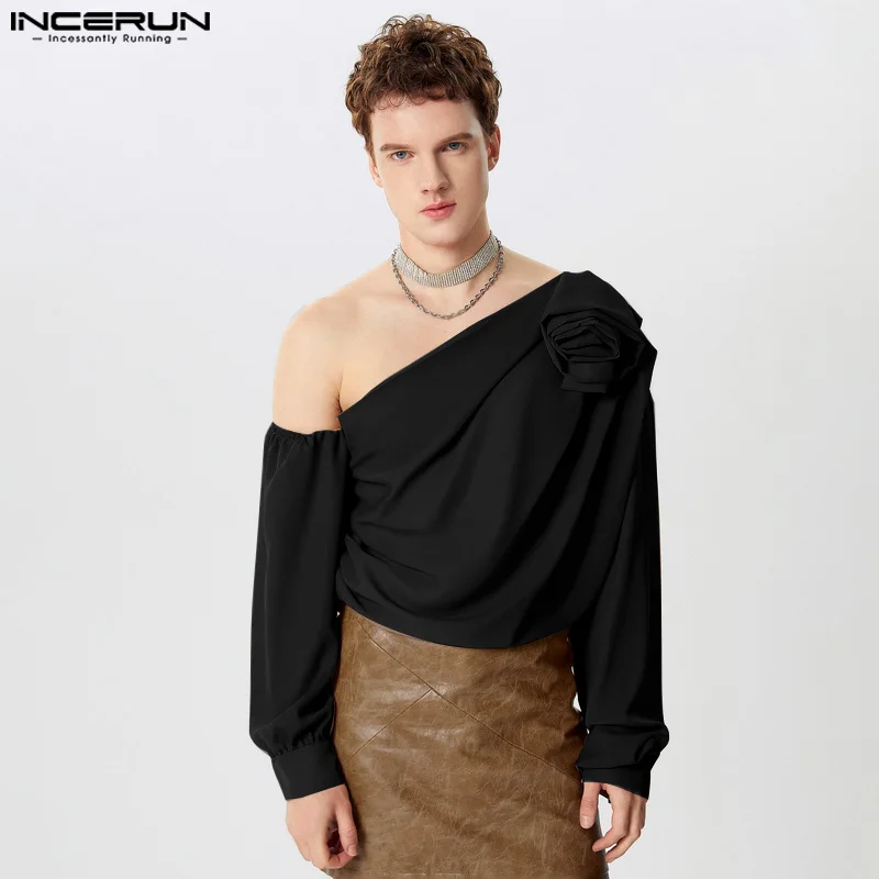 2024 INCERUN American Fashion Tops Causal Elegant Long Sleeve T-shiyrts Solid Oblique Shoulder Tees Sexy Men Streetwear Outfits