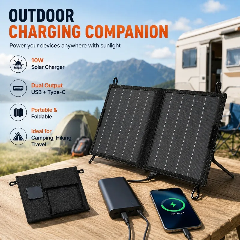 10W Portable Solar Charger Foldable with Dual USB & Type-C Output Compact Solar Power Bank for Outdoor Camping Hiking Emergency