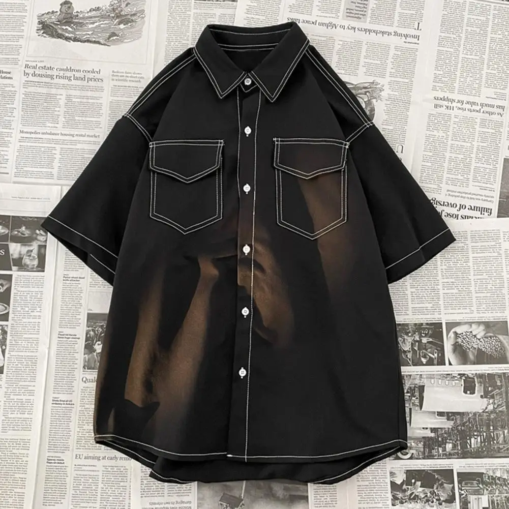 Spring Men Shirt Loose Fit Japanese Style Single-breasted Lapel Half Sleeve Buttons Breathable Mid Length Men Streetwear Tops