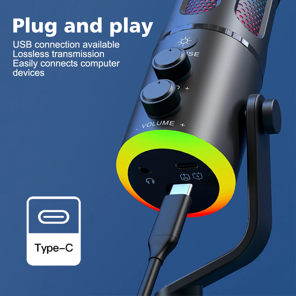 USB Type-C Condenser Microphone with RGB Atmosphere Light Support 3.5MM Headset Connection for Game Audio Streaming Broadcast