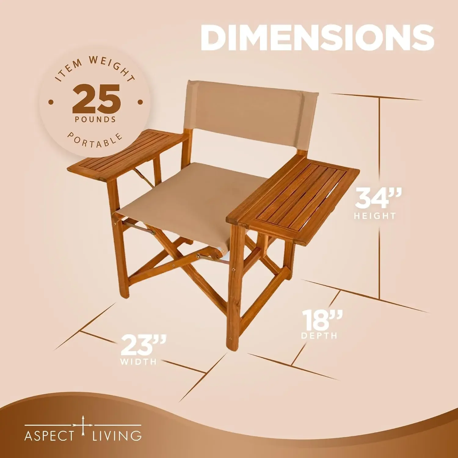 Walker Outdoor Folding Directors Chair with Side Tables - Natural Finish Wooden Chair, Patio, Poolside, Backyard, Garden