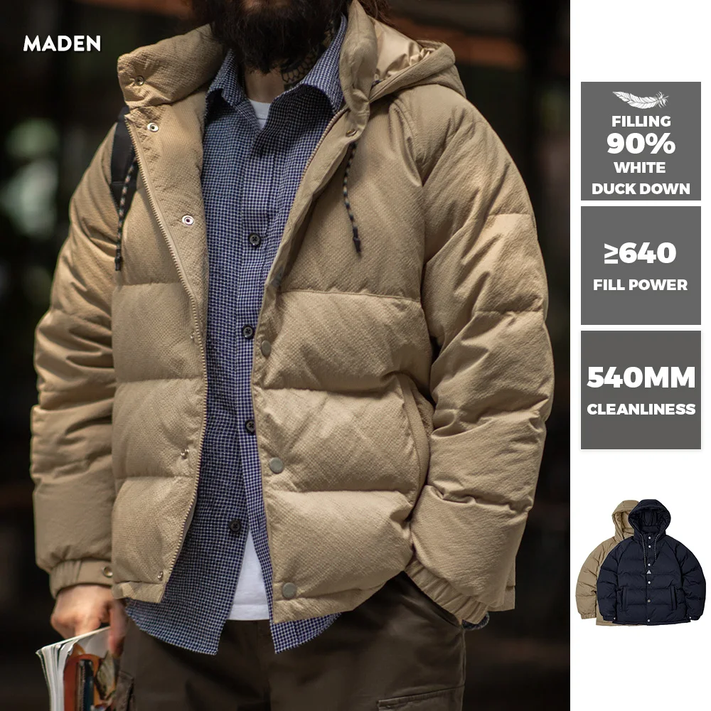 Maden Men's Winter Wide Quilting Seam Thickened Down Jacket White Duck Down Navy Blue Hooded Jacket High Density Fabric Warm Top