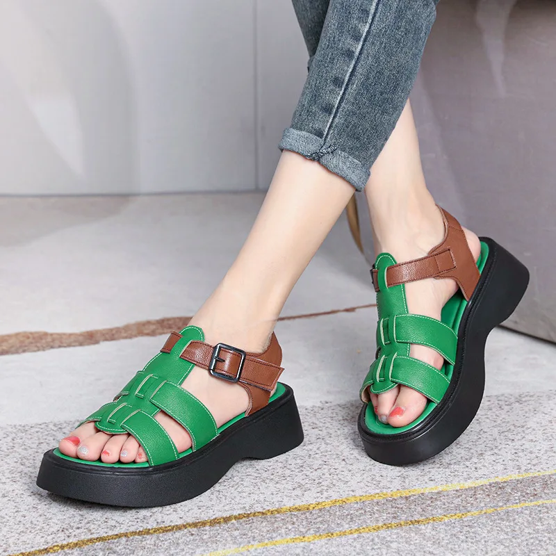 GKTINOO Summer Mixed Color Genuine Leather Sandals Roman Shoes Platform Wedges Woven Thick Soled Sandals Women Shoes Large Size