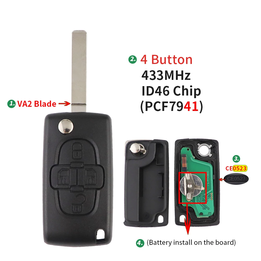 4 botones 433Mhz ID46 PCF7941 Chip Flip llave de coche remota para Peugeot 807 1007 para Citroen C8 2002-2014 VA2/HU82 Blade CE0523 ASK