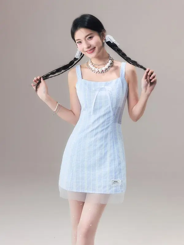 

Suspender Skirt Bow Plaid Mesh Stitching Blue Fairy Casual Dress 2024 Women'S Summer Bow Waist Waist Short Dress