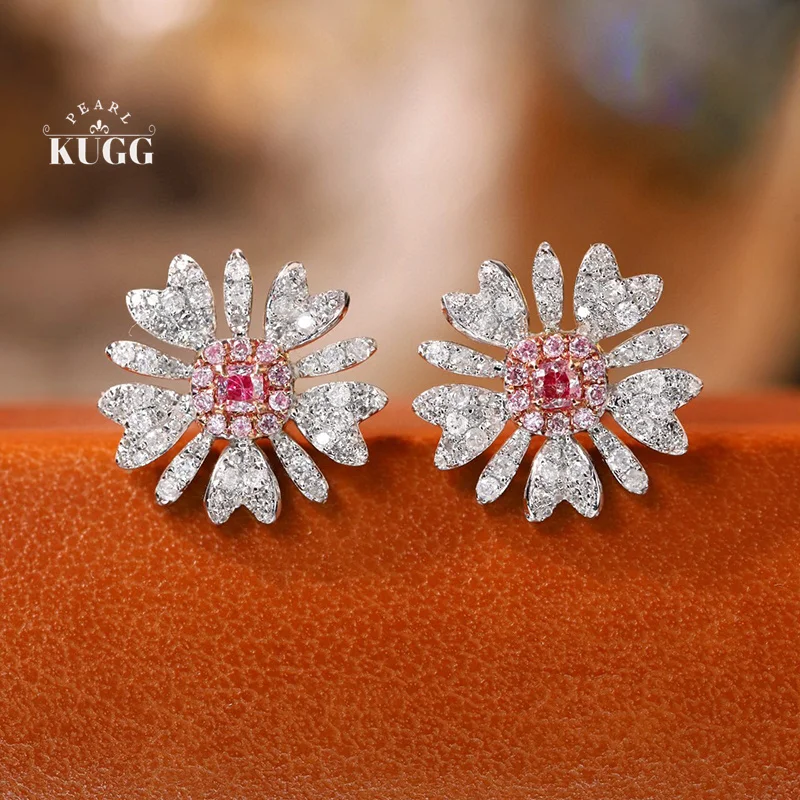 KUGG 100% 18K White Gold Earrings Romantic Daisy Shape Real Natural Pink Diamond Stud Earrings for Women High Wedding Jewelry