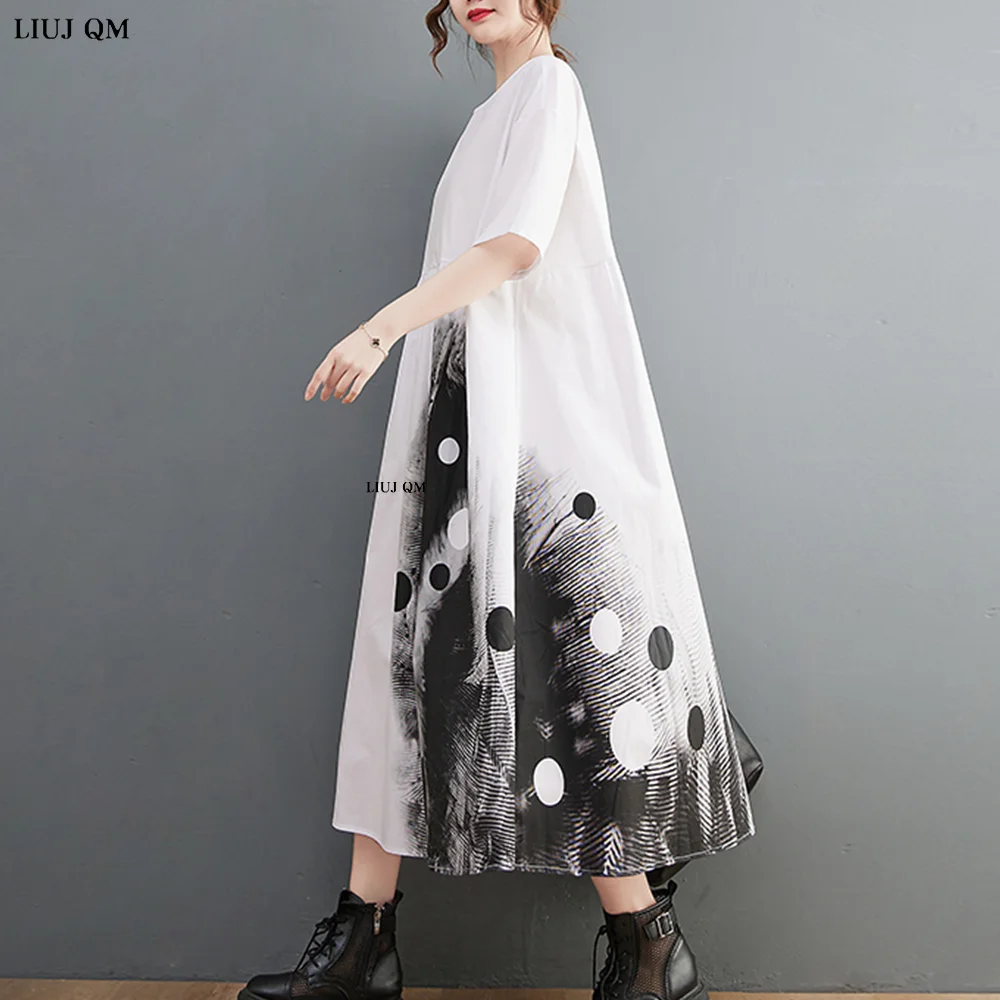 2023 Plus Size Summer White Patchwork Print abiti per le donne manica corta allentato Casual Vintage Dress Fashion abbigliamento elegante