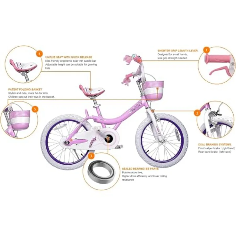 Rower dla dziewczynek Princess, rozmiar 12, 14, 16, 18, 20 cali, z koszykiem, dla dzieci w wieku 3-12 lat, różowy, lekka aluminiowa rama, łatwy w jazdzie.