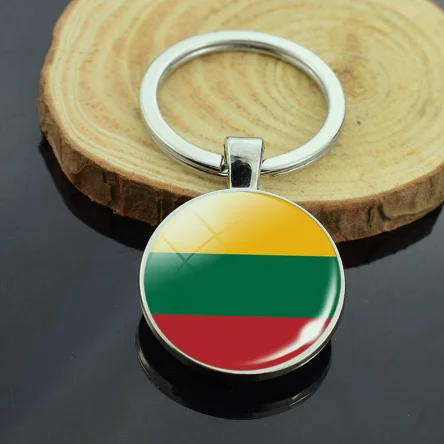 Fashion Lithuania Keychain 25x25mm Galss Beads Lithuania Flag Pendants DIY Women Men Jewelry Car Key Chain Ring Anniversary