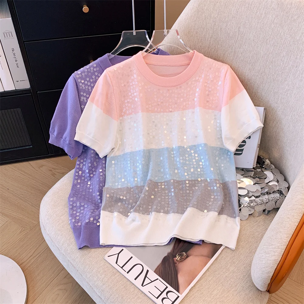 Shiny Knit Sweater Women T-shirt Pullovers Stylish Elegant Fashion Chic Tees Tops 2024 Summer Short Sleeve Knitwear