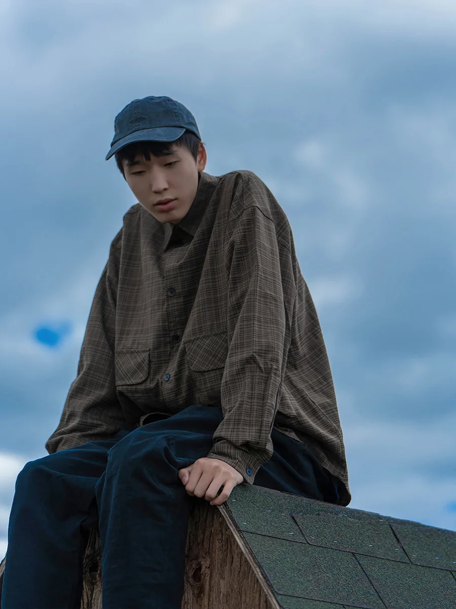 

Retro Japanese Sle Long Sve irt with Large kets Loose Casual Plaid y Workwear Outerwear for Men