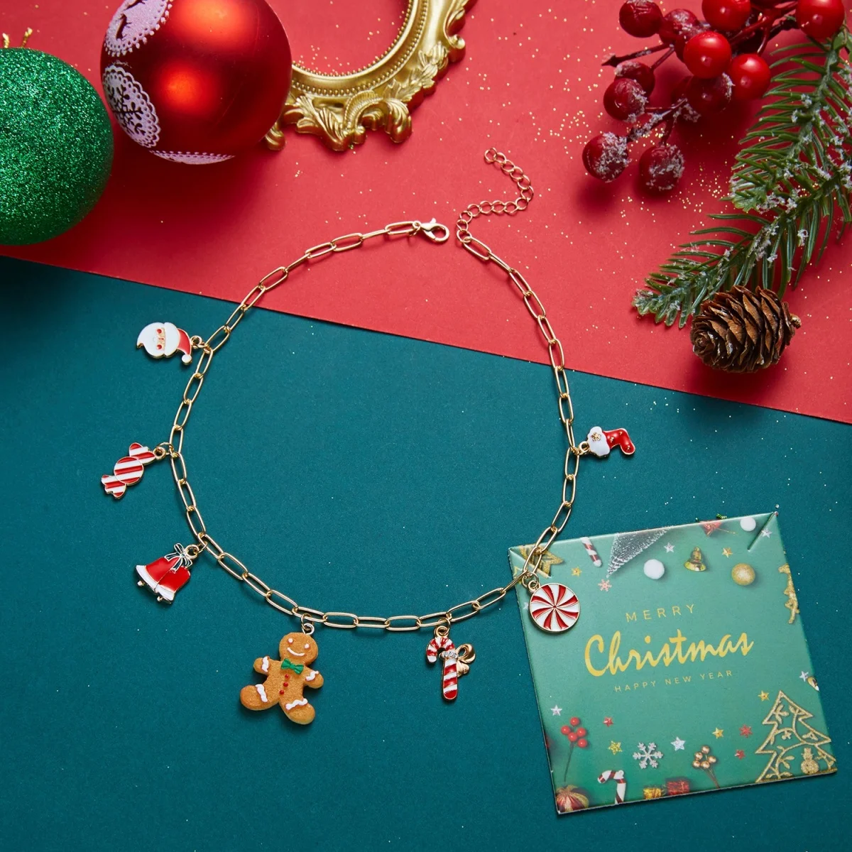 Weihnachts-Halskette mit Lebkuchenmann, Weihnachtsbaum, Hirsch, Schneeflocke, simulierten Perlen für Damen und Herren, Weihnachtsmann-Glocken, Choker, Party-Schmuck – Detail 26