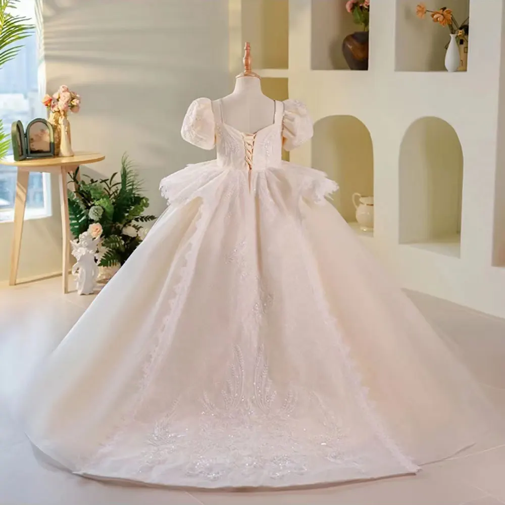 Jill Wish Luxury Elegant White Flower Girl Dress Beads Arabic Princess Kids Wedding Birthday Party Ball Gown Communion 2024 J248