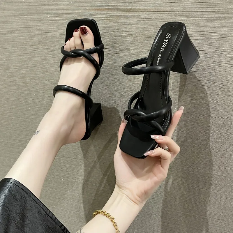 New Summer Fashion Versatile Women\'s Slippers Wear Outside Womens High Heels Retro Thick Heel Female Pumps