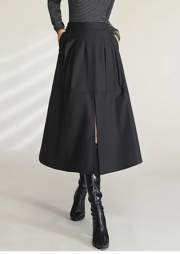 LOUIS YAO Women Elegant Black Midi Skirts 2024 High Waist Commuting Casual A Line Umbrella Long Skirt with Slit and Pockets