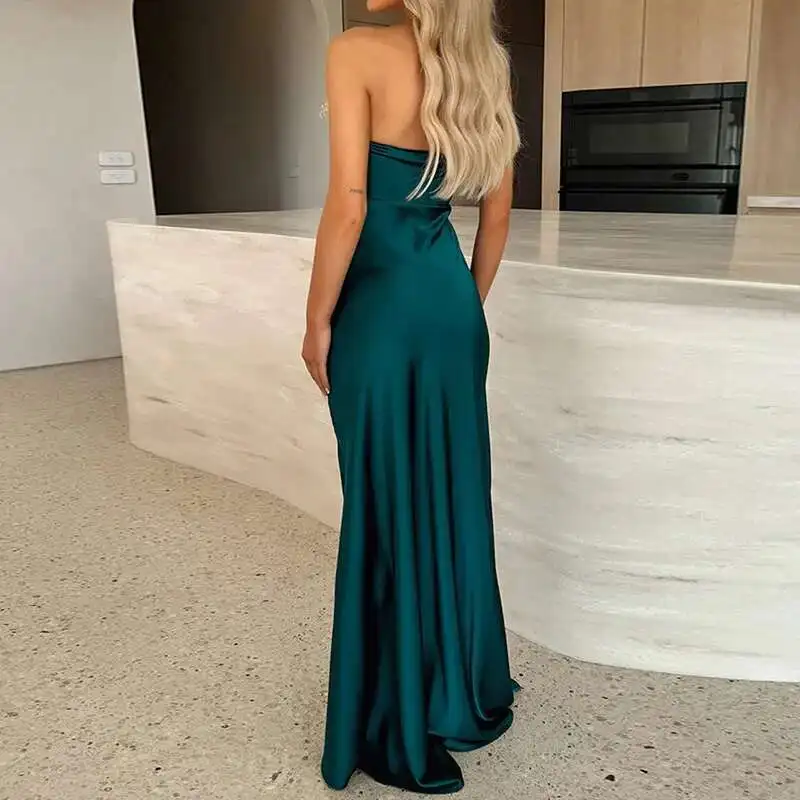 Elegant High Waist Draped Party Ladies Temperament Strapless Slim Long 2025 Summer Simple Solid Split Evening Dress