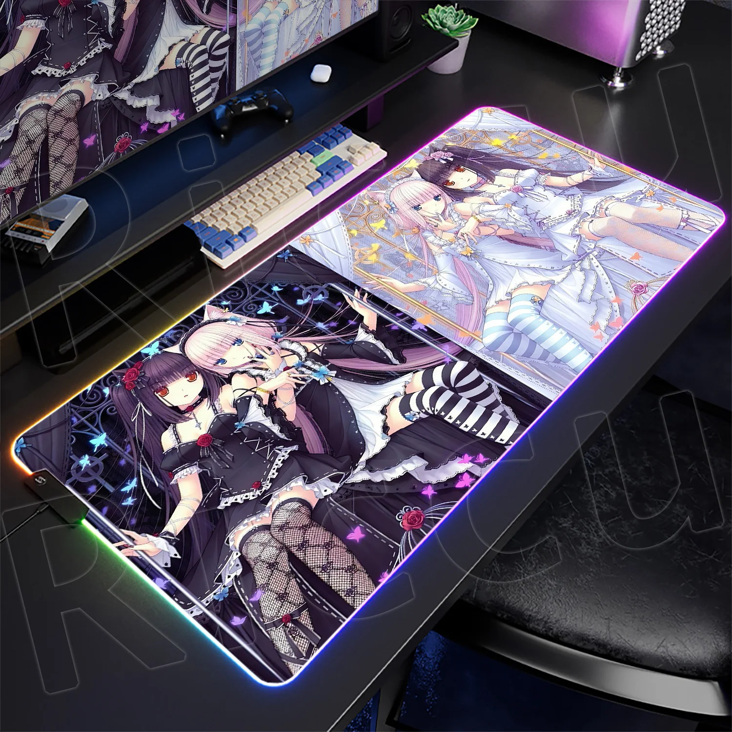 

RGB Colorful Lumines Mouse Pad Nekopara Cute Girl Computer Keyboard Mat Large Anime Table Pad LED Backlight Non-slip Accessories