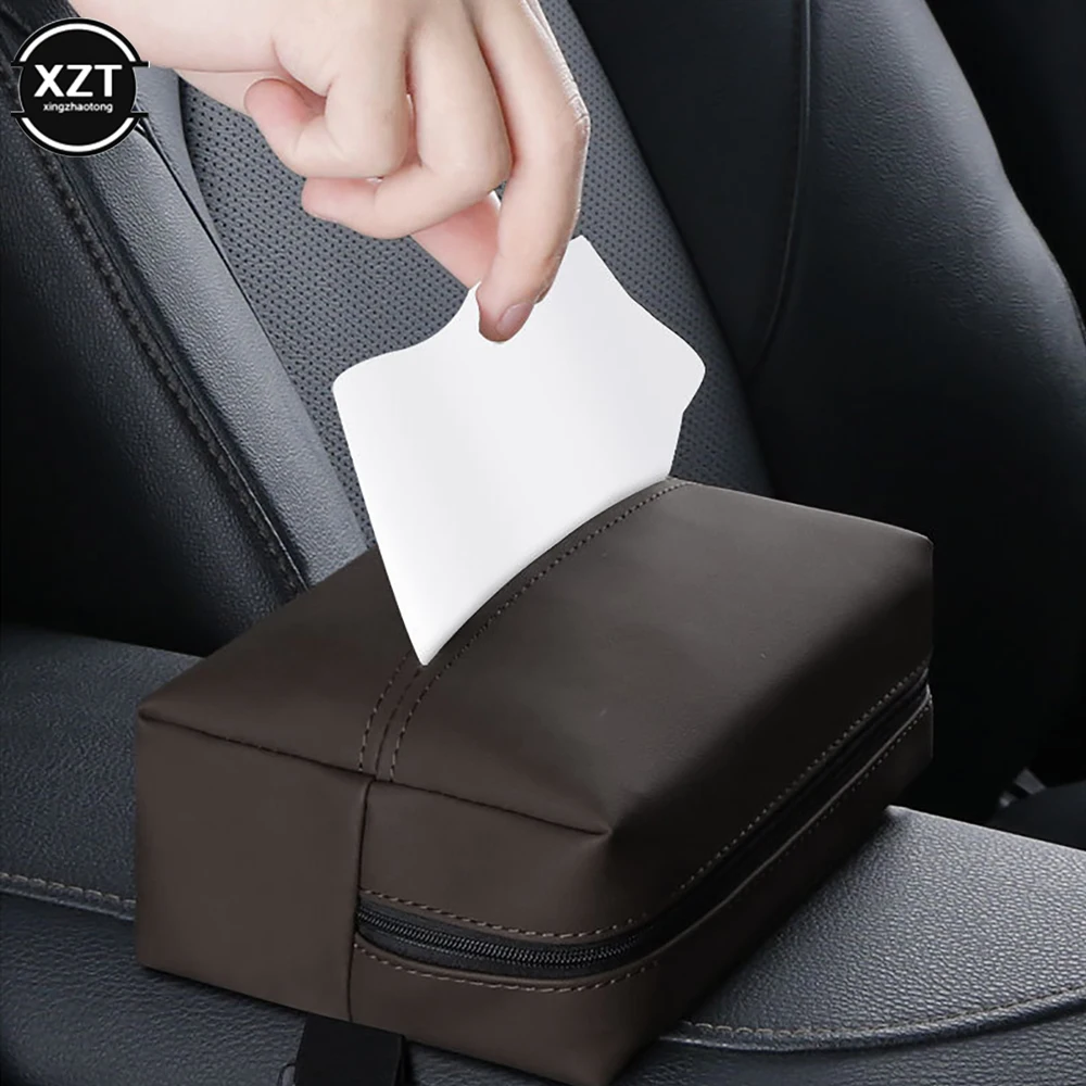 Nappa Leather Car Tissue Box Storage Holder for Car Armrest Box Sun Visor Backseat Napkin Case with Fix Strap