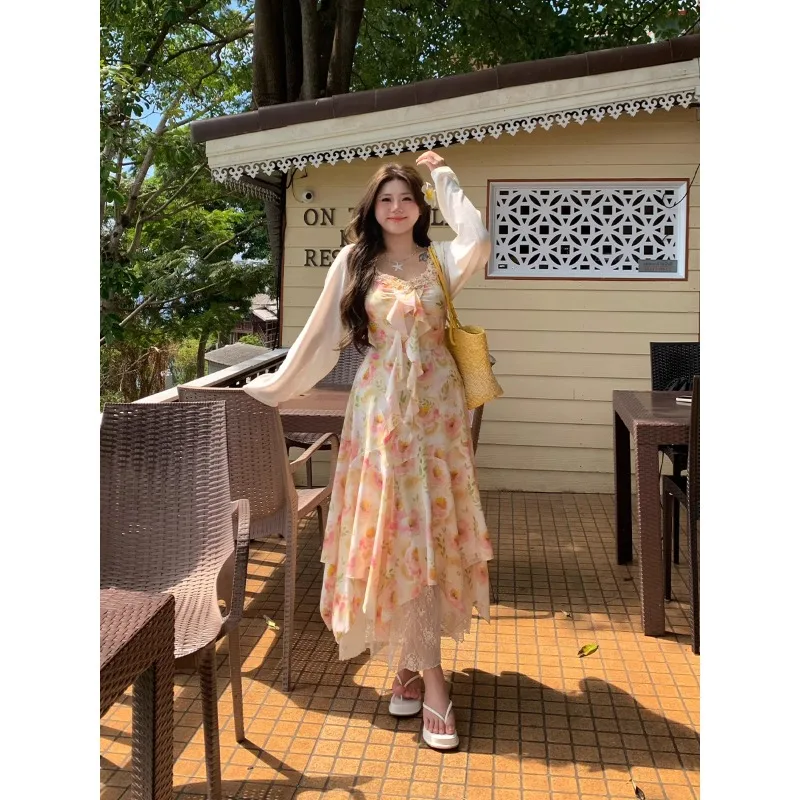 2025 sommer Mode Temperament Floral Spitze Trim Ärmelloses Kleid Plus Größe Frauen Urlaub Maxi Rock Blumen Druck Kleid