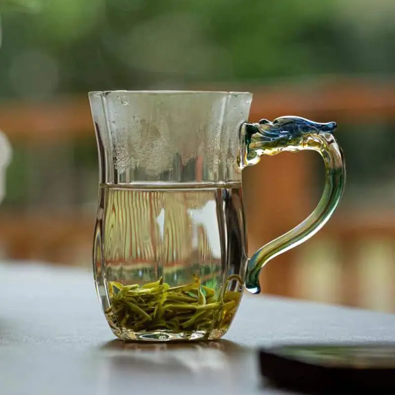 Heat Resistant Glass Green Tea Cups Household High Appearance Level Handwork Transparent Flower Tea Cup with Anti-scald Handle