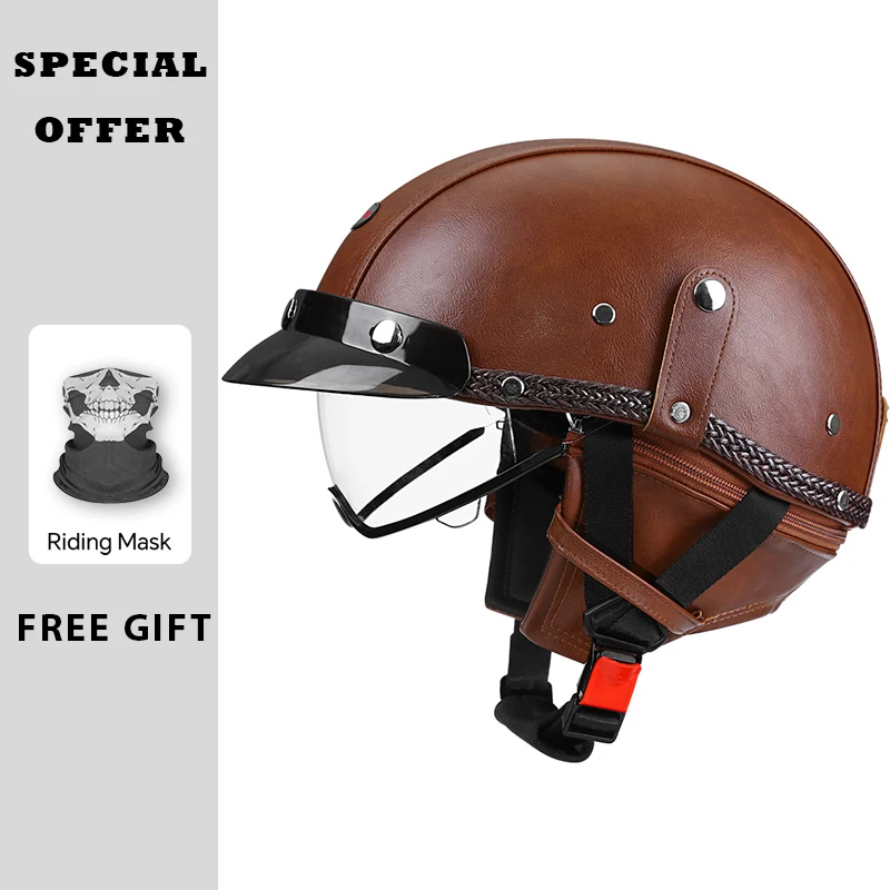 Retro Half Face Motorcycle Helmet for Men Black Leather Vintage 1/2 Half Helmets DOT Approved Low Profile Open Face Helmets M-XX
