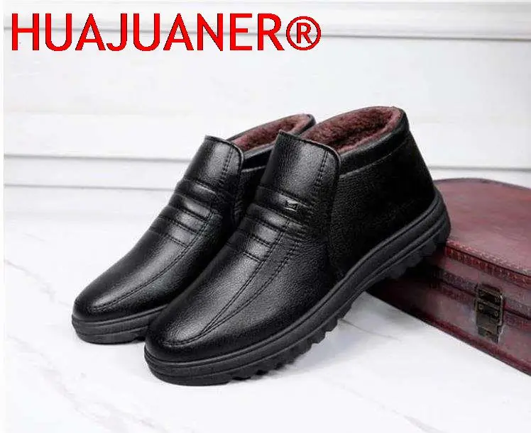 Winter Waterproof Men\'s Casual Leather Shoes Flannel High Top Slip-on Male Casual Shoes Rubber Warm Winter Shoes for Mens