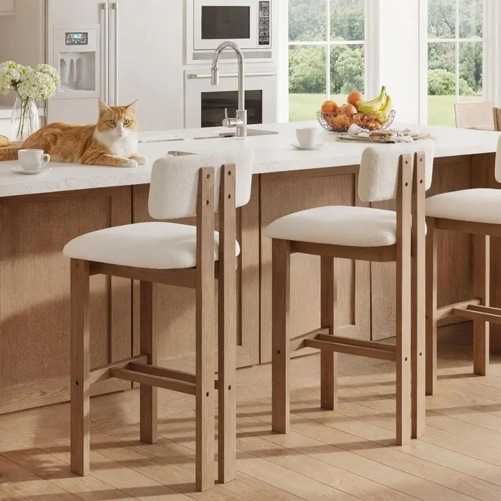 

Комплект из 2 барных стульев с изогнутой спинкой, обитых тканью шерпа букле, белые, для кухонного острова/столешницы