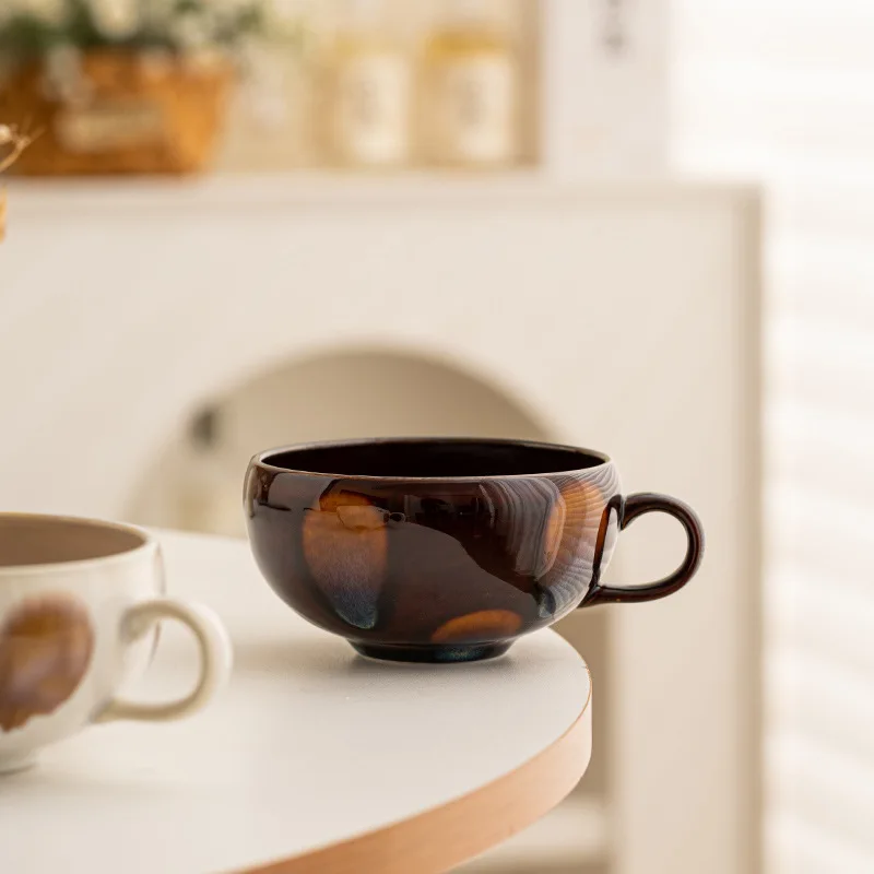 Japanese Ceramic Mug Chestnut Soup Cup for Milk Oatmeal Breakfast Wide Mouth Large Capacity Coffee Cup Microwave Safe