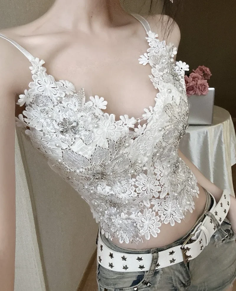 Fashion Spicy Girl Diamond Bead Lace Camisole Top Women Print Floral Backless Collarbone Slim Summer Celebrity Temperament Wear