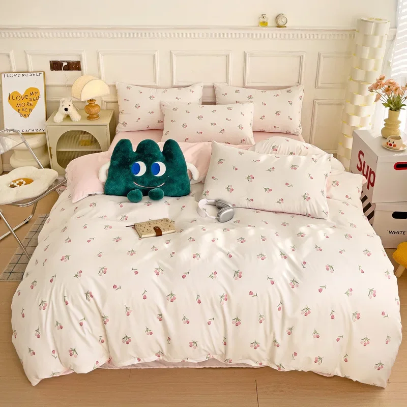 Small fresh and skin-friendly knitted cotton-four-piece set, active cotton washed double-layer yarn quilt cover, bed sheet