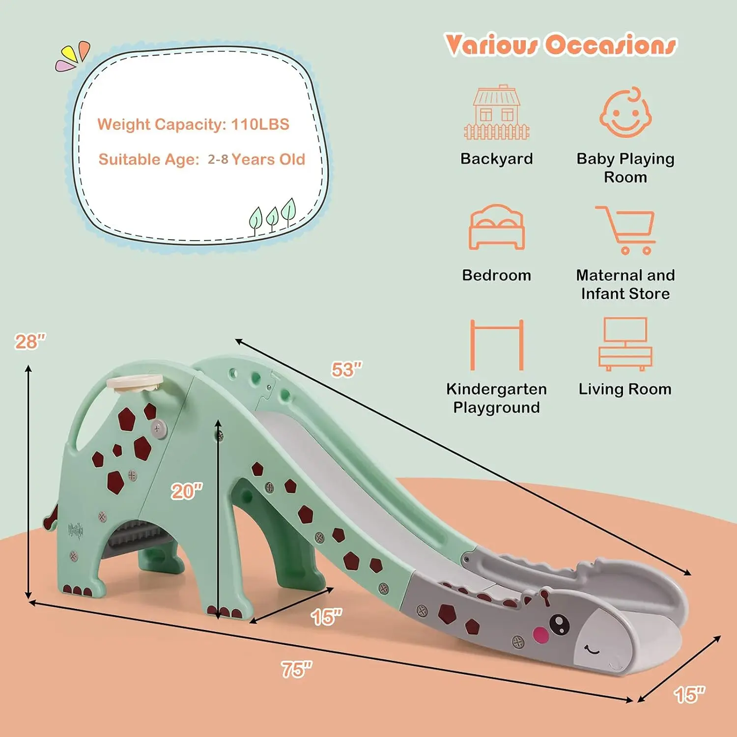 幼児用滑り台クライマーセット、バスケットボールフープ、長い滑り台、囲まれた階段付き、1～8歳のお子様向け、屋内外遊び用