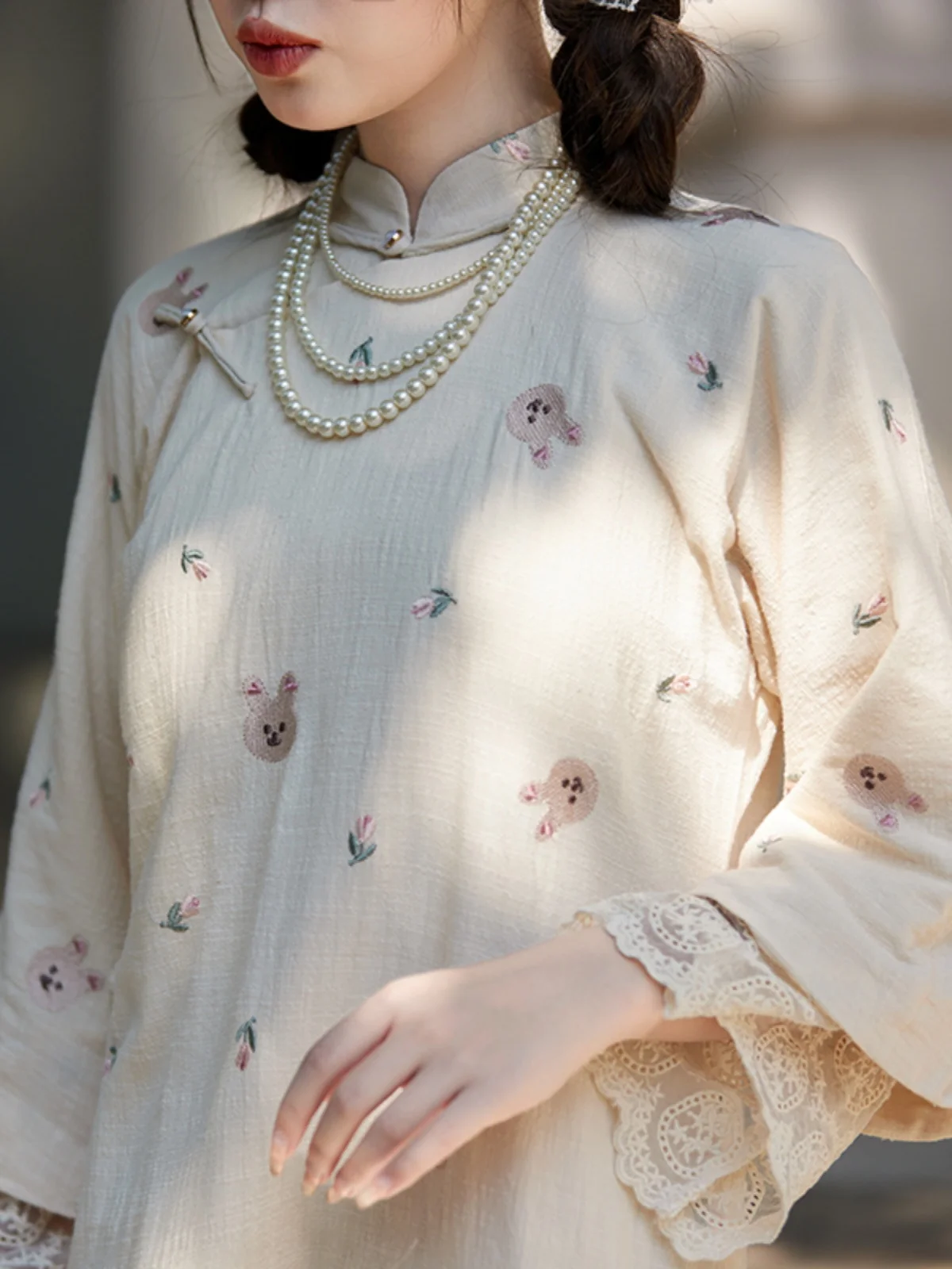 

Оригинальное платье Xun dian с вышивкой в виде кролика, милое, розовое, для девочек, средней длины, весна-осень, маленький размер, в китайском стиле