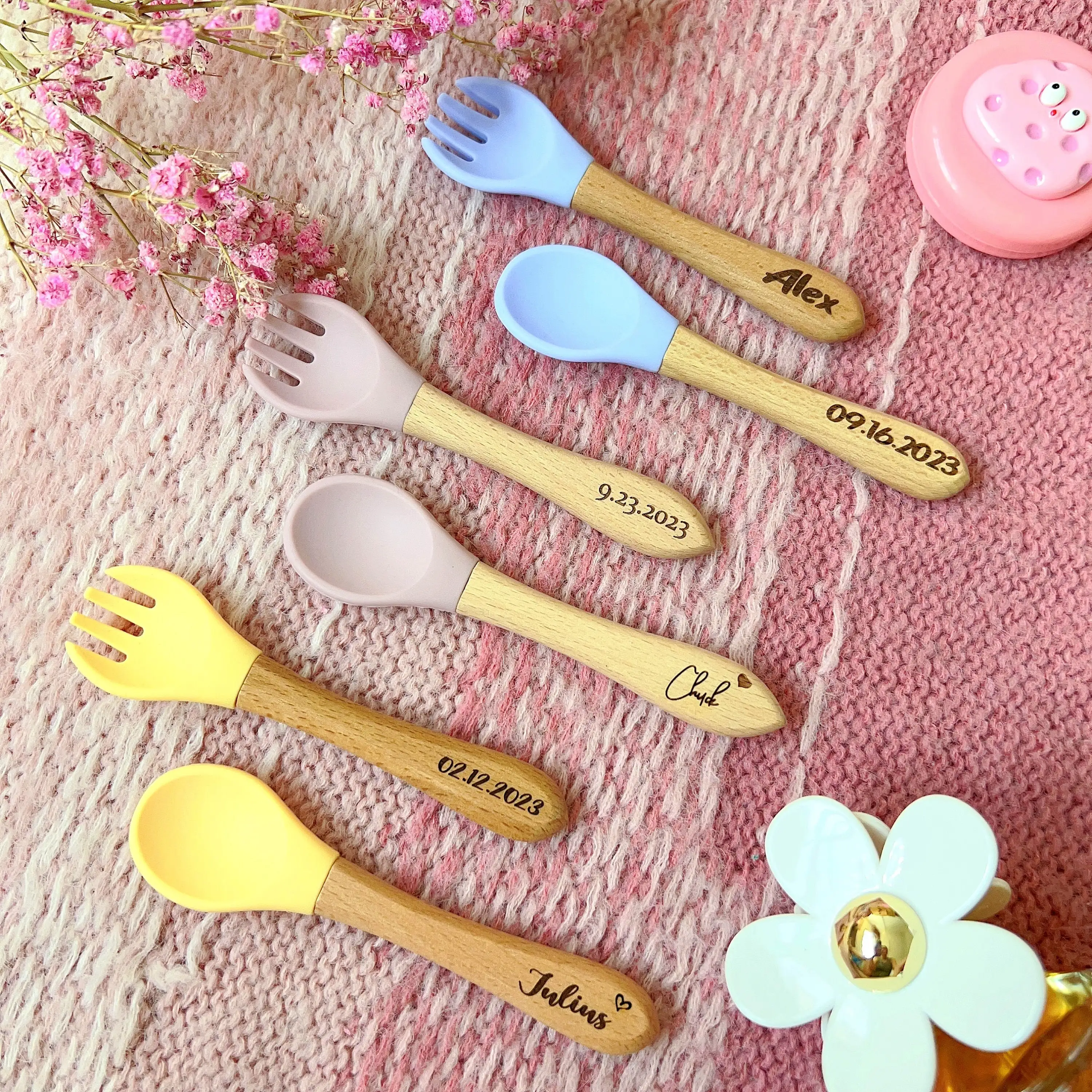 Personalised children\'s cutlery set Birth and Christmas gift Custom Wooden fork and spoon Newborn baby silicone meal set