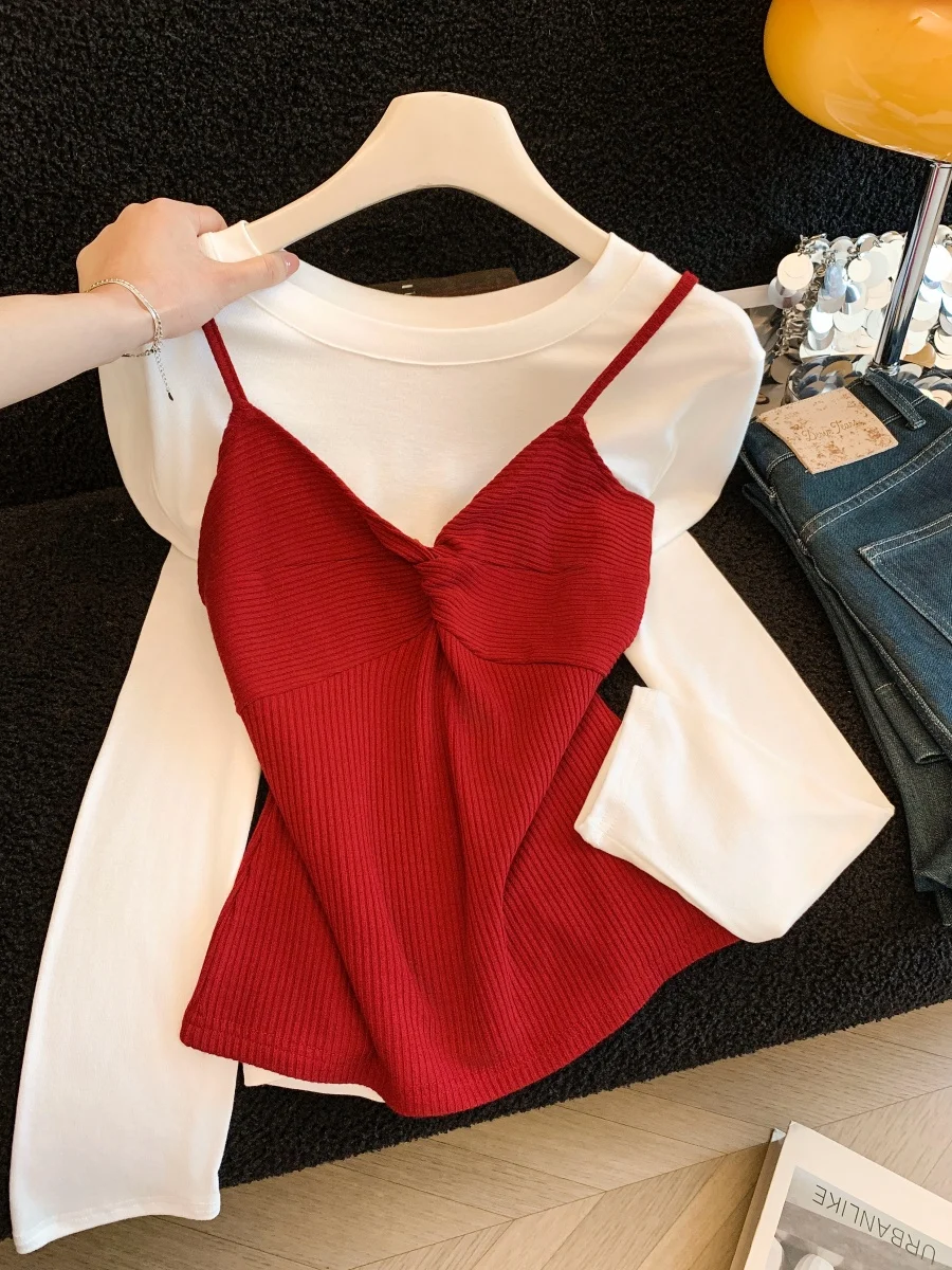 

Весенний комплект 2026: женский топ-майка и длинная футболка-свитшот, модный двухслойный комплект с завышенной талией и приталенным силуэтом...