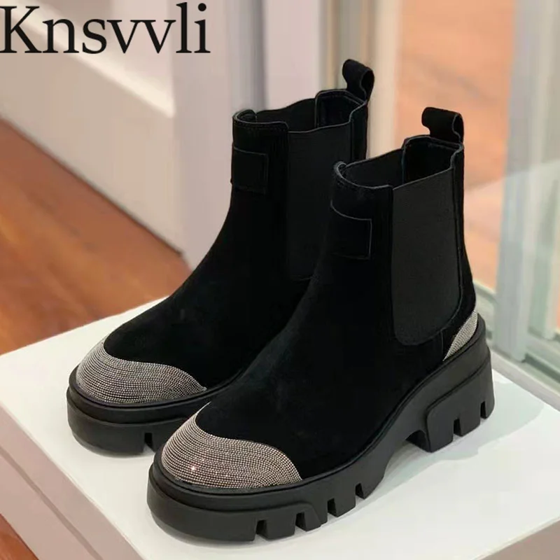 

Casual Platform Boots Women Designer Cow Suede String Bead Patchwork Ankle Boots Female Outdoors Brand Chelsea Boots Woman
