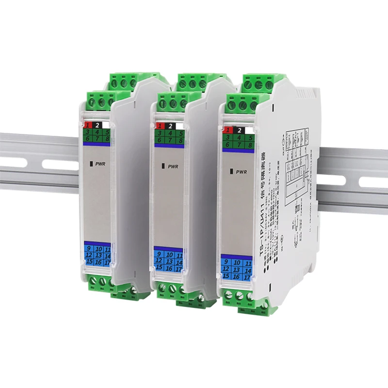 Conversor de isolamento de sinal de temperatura do par termoelétrico do trilho do ruído, transmissor RTD, K, B, E, J, R, S, T entrada, 4-20 mA, saída 0-10V, DC 24V