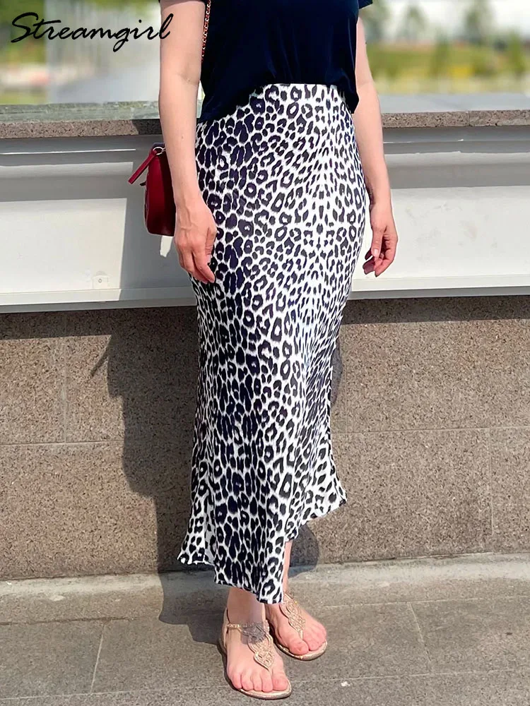 Long Leopard Print Skirts Women Satin Summer Office Elegant Maxi Zipper Skirt Satin Silk Fashion Fishtail Skirt Women Summer