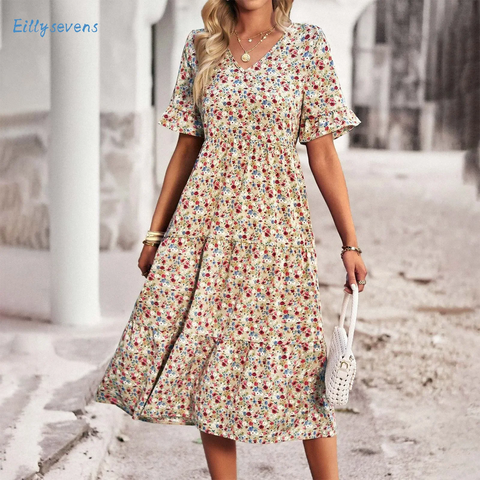 Floral Dress For Women Fashion Trend Classic V-Neck Short Sleeve Elegant Dress Summer Leisure Resorts Daily Date All-Match Dress