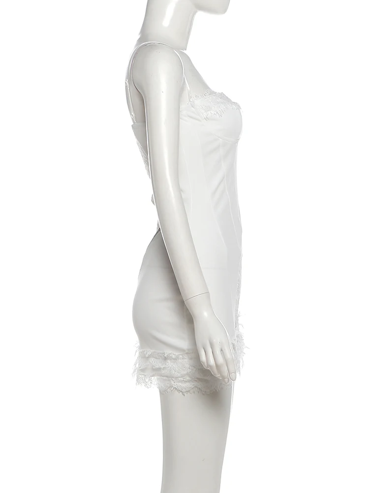Weird Puss Spitzenkleid für Damen, tief ausgeschnittenes, unregelmäßiges Saumdesign, ärmellos, figurbetont, mit dekorativen Fischgräten, sexy, für Mitternachtspartys, Mini-Bodycon-Kleid – Detail 4