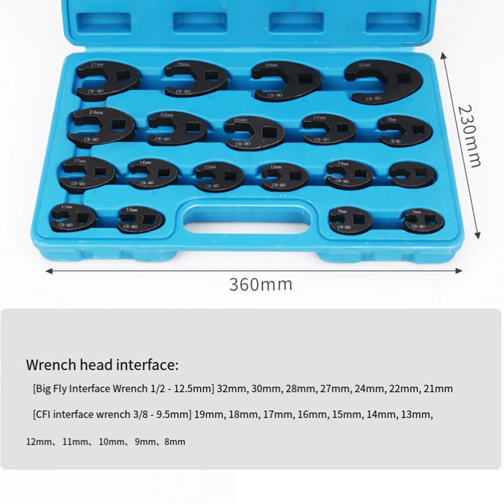 19個入りメタルクロウフットレンチセット-1-2インチ-3-8インチ-ドライブサイズ-8mm-32mm-フレアナットレンチ-狭い場所での作業に最適-ハンドツール