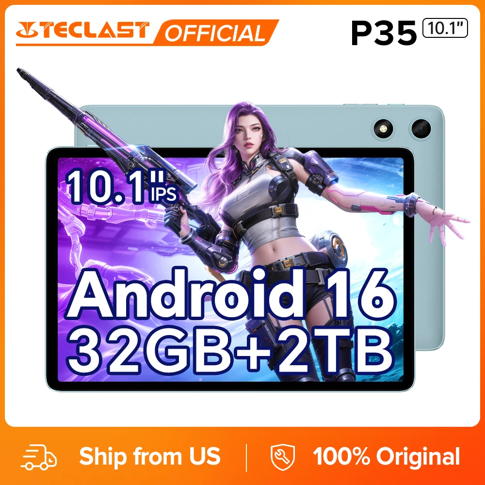 Teclast P35 10.1' Tablet Android 16 16(3+13)GB RAM+32GB ROM Support 2TB TF Expandable Lightweight 6000mAh Battery Tablets TDDI Full Lamination with Case Keyboard Stylus