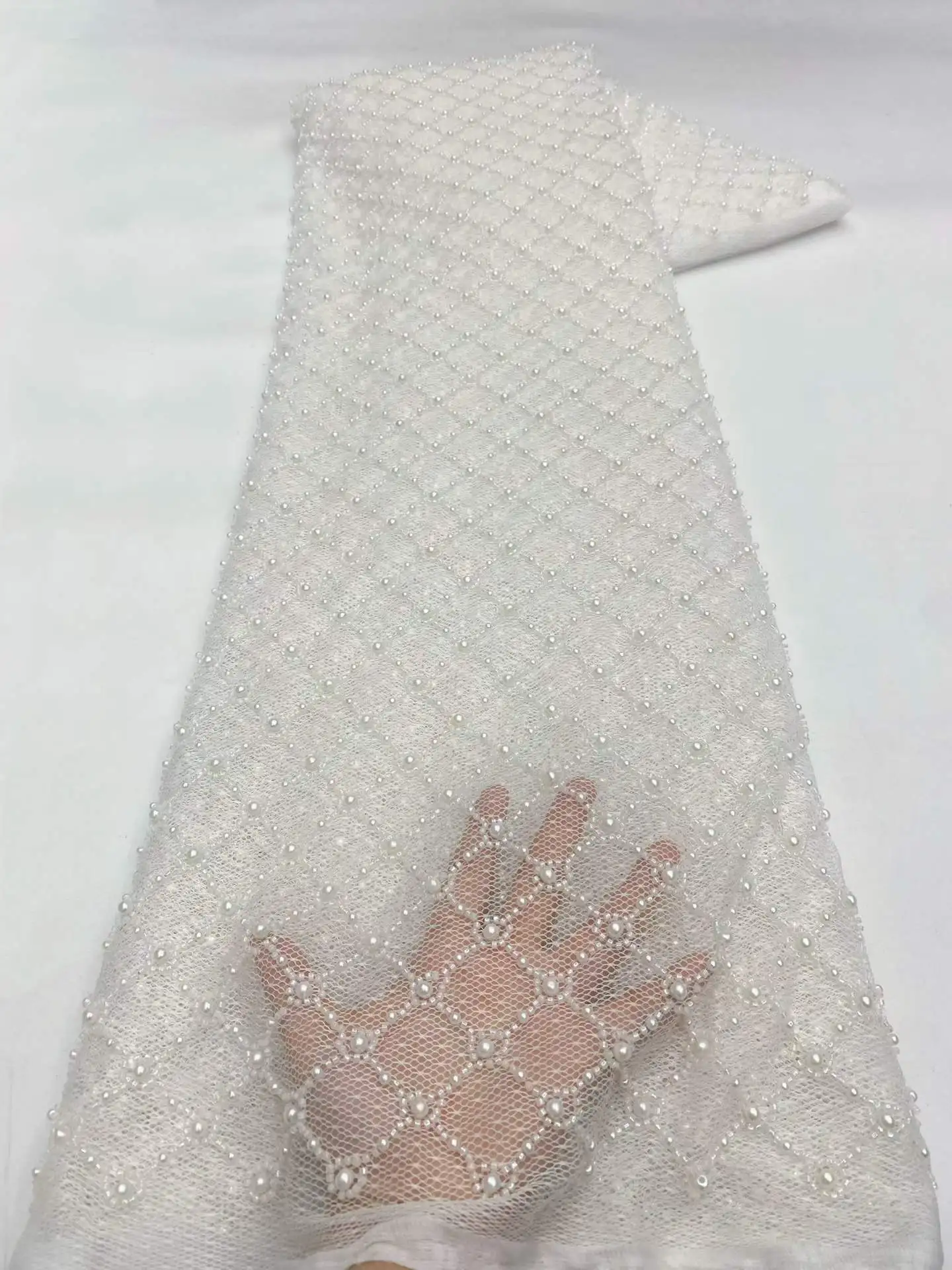 Luxury African Sequins Groom Lace Fabric High Quality French Nigerian Elegant Beaded Wedding Dress Material for Brides