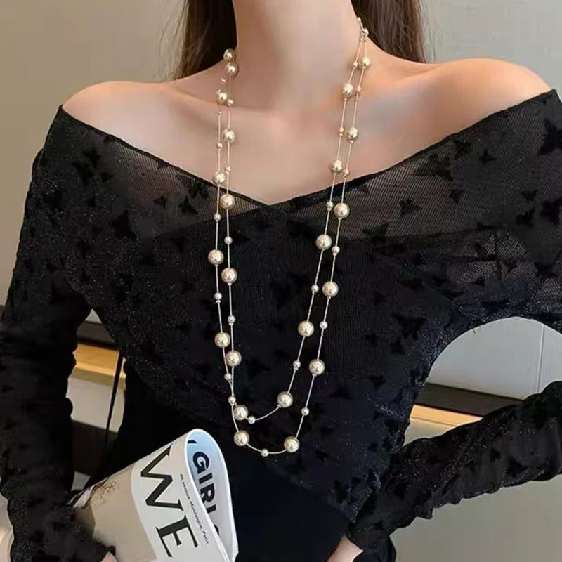 Elegante Temperament Mehrschichtige Layered Perle Kette Halskette Prominente Lange Pullover Kette frauen Mode Schmuck Zubehör – Detail 6