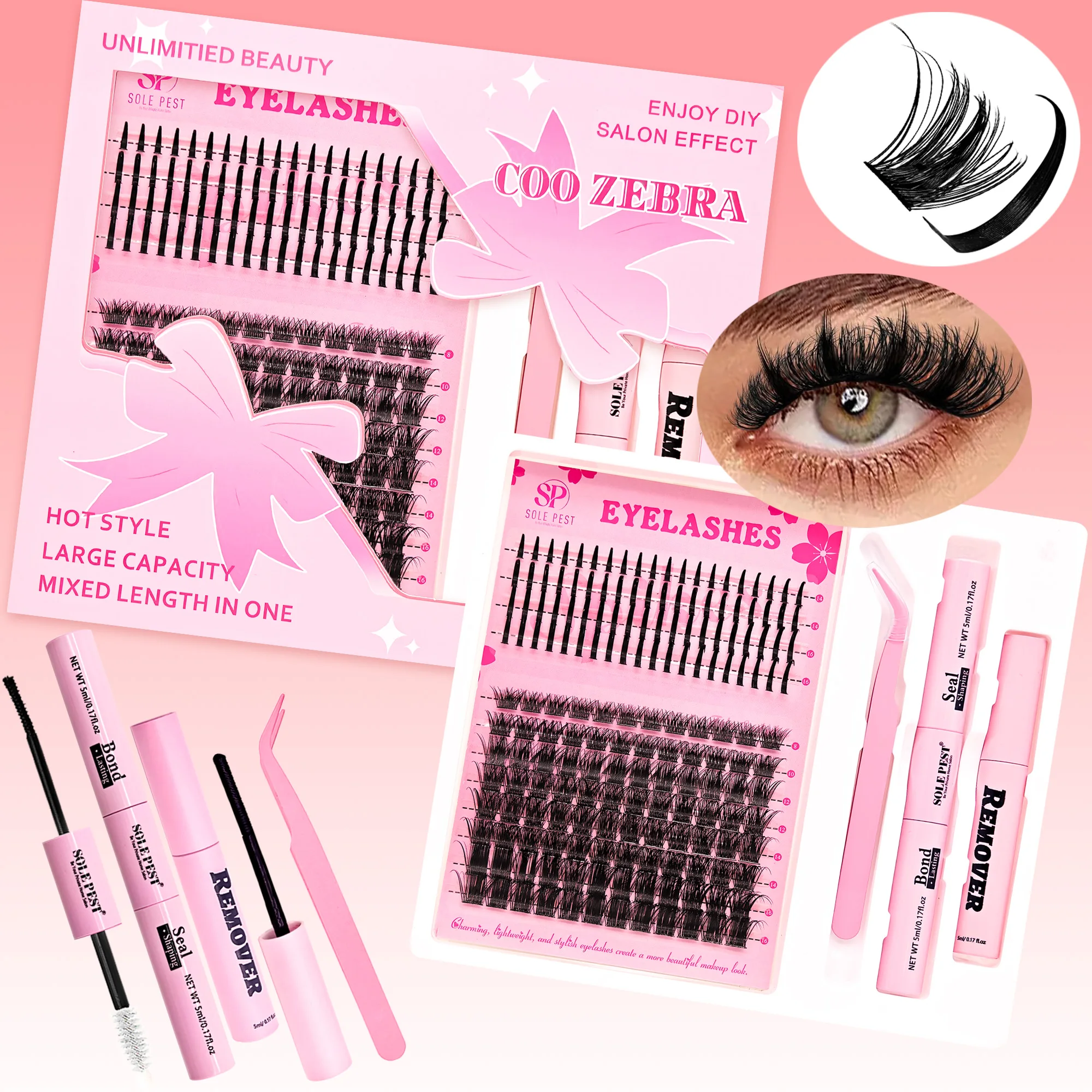 Cluster-Wimpern-Set: Flauschige Einzelwimpern-Büschel – Inklusive Wimpernkleber, Entferner und Pinzette – Spiky-Wimpern – Detail 1