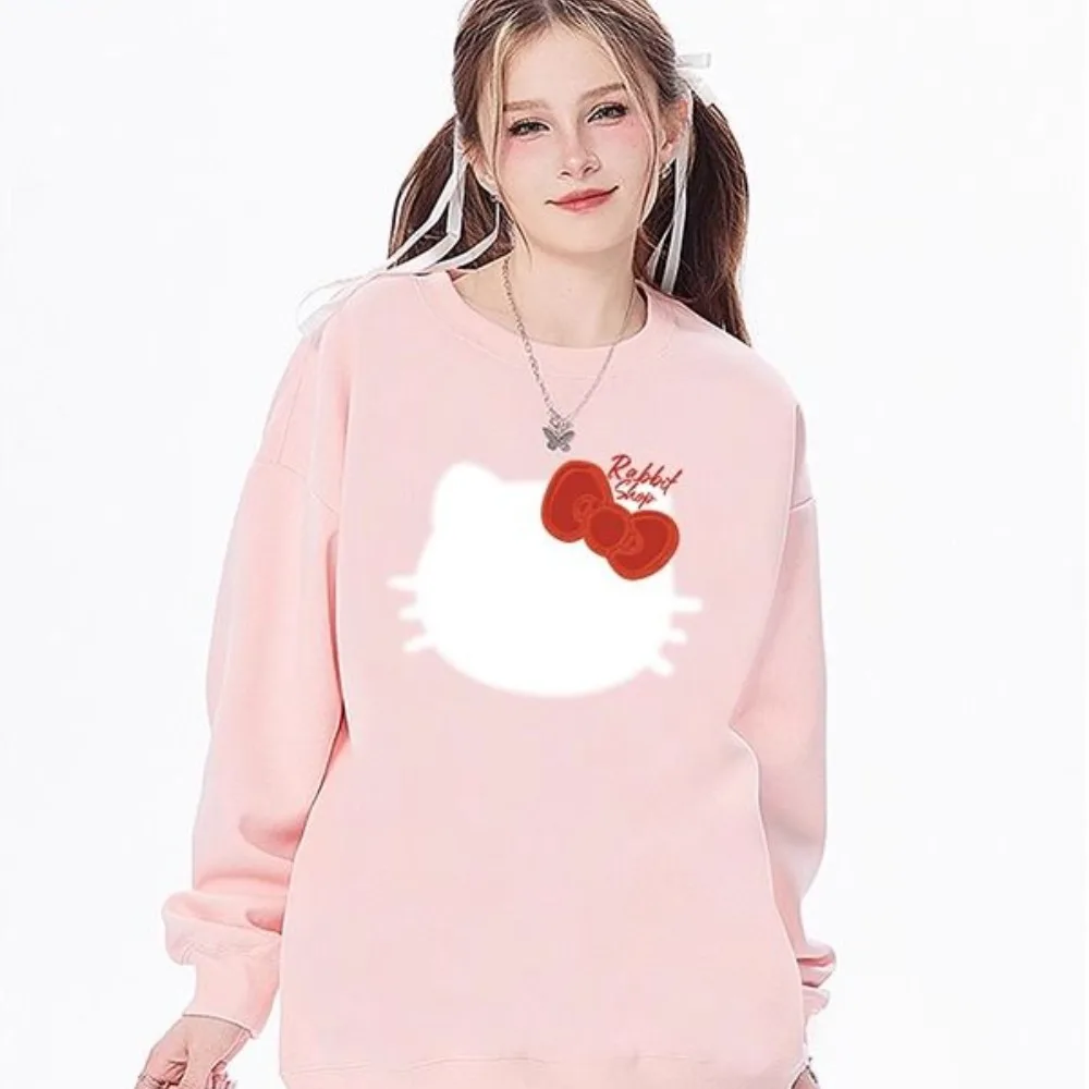 new Miniso Hello Kitty Cute Round Neck Printed Women's Hoodie Cartoon Loose Hoodie Commuter Korean Edition Casual Top