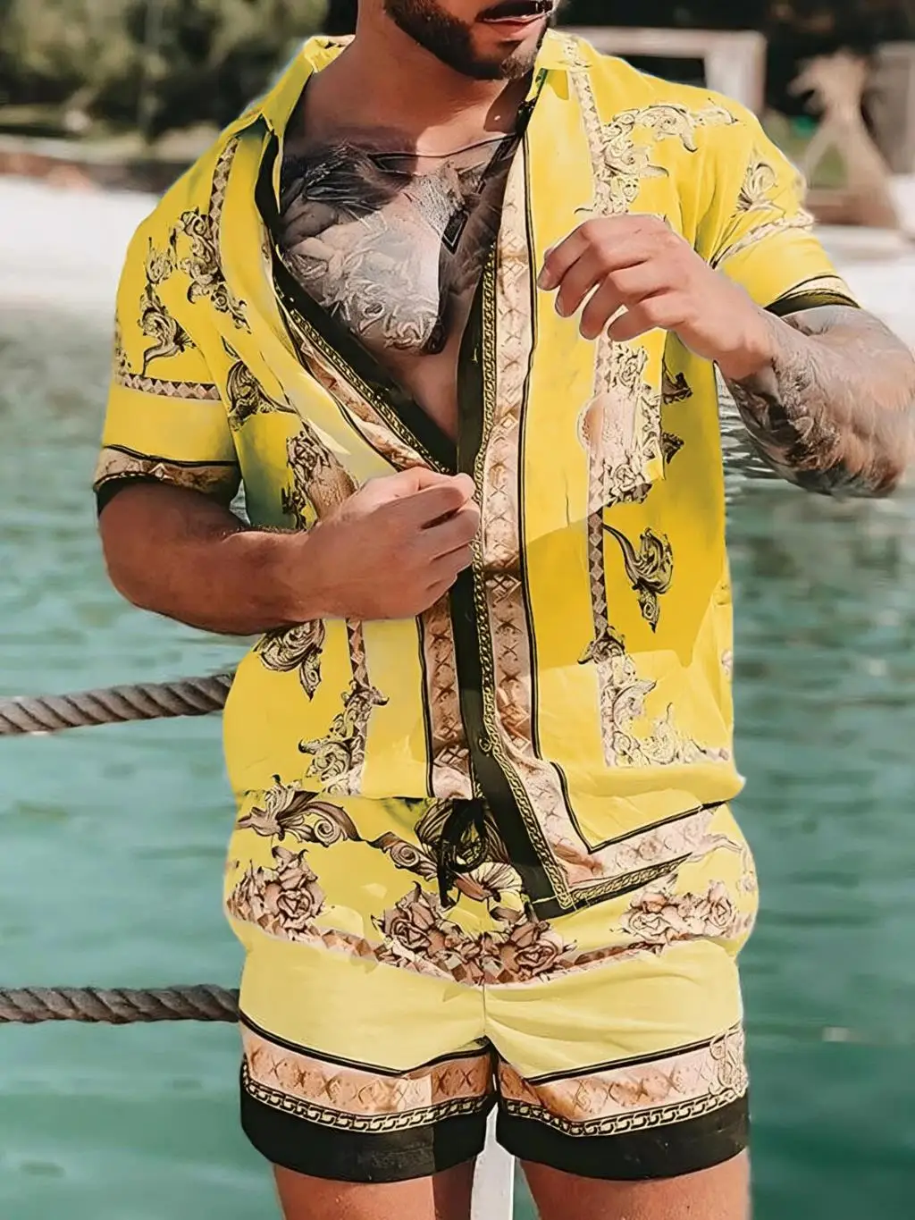 Vintage erkek gömlek setleri yaz altın at baskı plaj kısa kollu gömlek şort rahat gezi Mens Hawaiian 2 parça Suit S-5XL