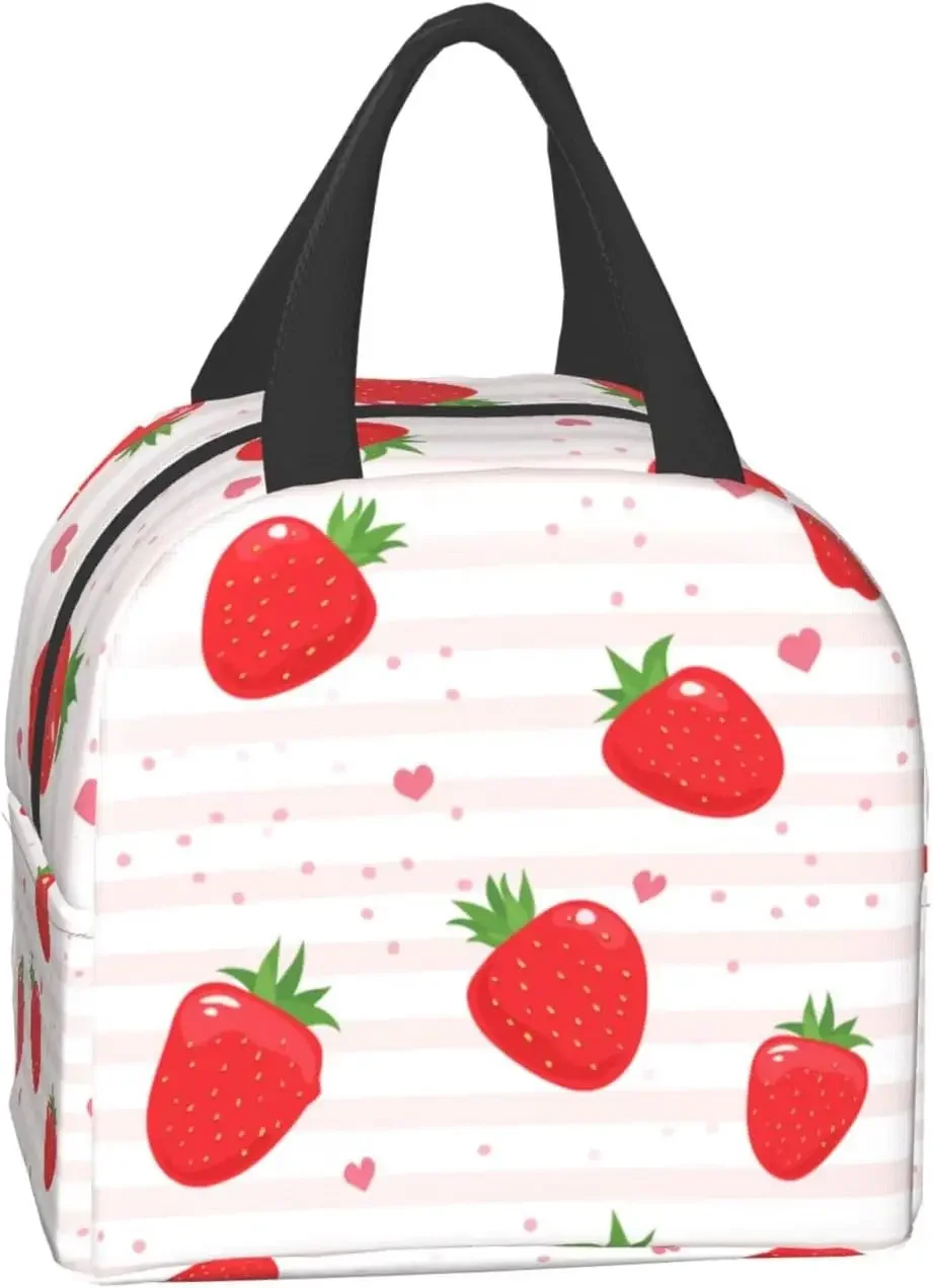 Cute Strawberry With Heart Lunch Bag Reusable Lunch Box Work Bento Cooler Reusable Tote Picnic Boxes Insulated Container Shoppin