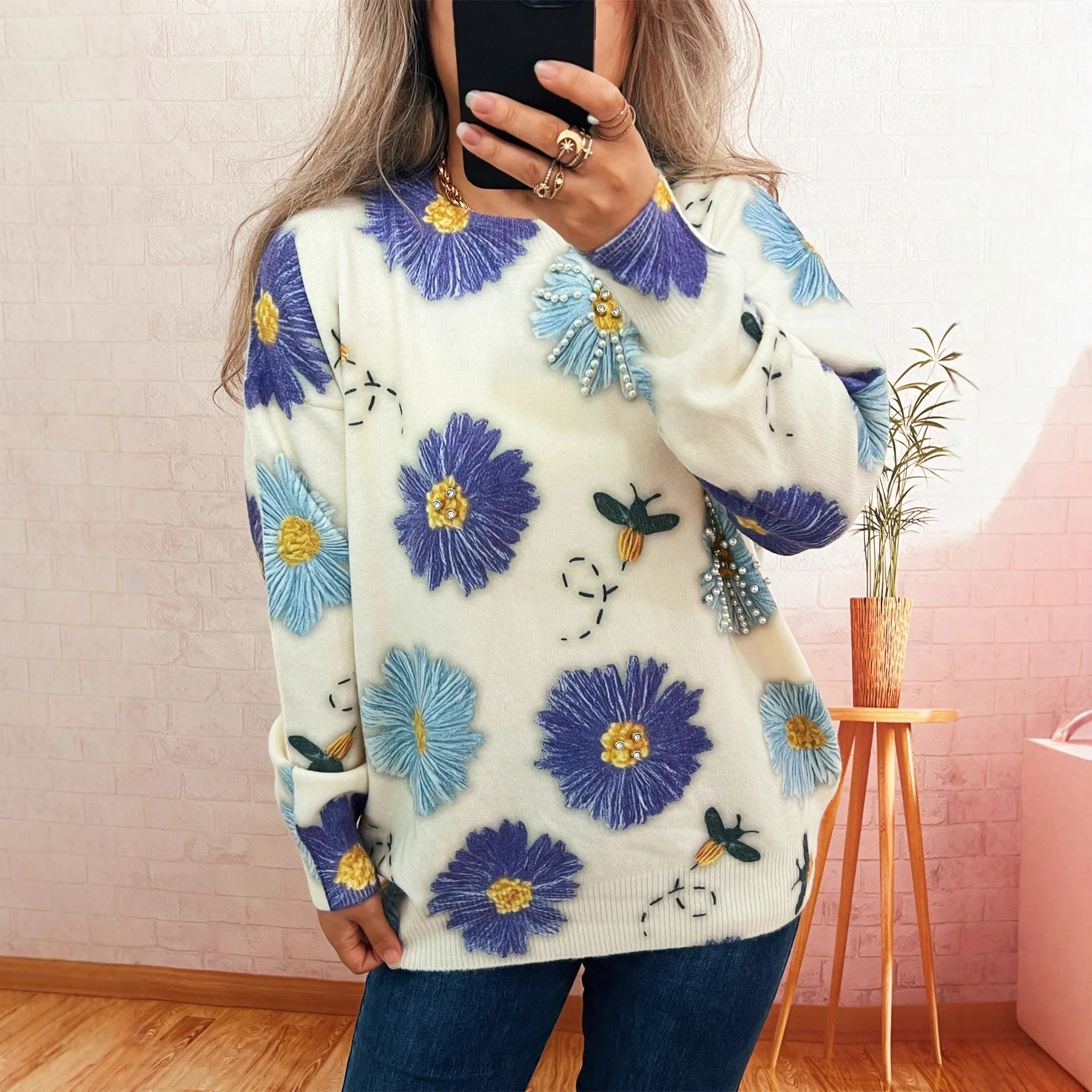 Damski sweter na jesień i zimę 2025, uniwersalny, codzienny, retro, z kwiatowym wzorem, luźny, z długim rękawem, dzianinowy top, sweter do noszenia na co dzień i do pracy.