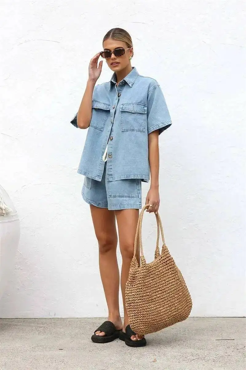 ヴィンテージハイストリートデニムスーツ女性半袖ボタンルーズ快適なシャツ女性ツーピースセットハイウエストショーツ B7QP